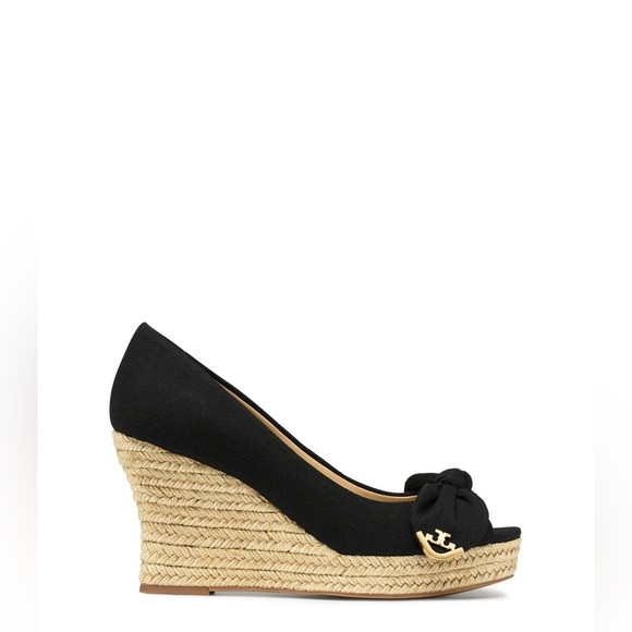 TORY BURCH DORY 85 BLACK CANVAS BOW GOLD REVA PLATFORM ESPADRILLE WEDGES SIZE 6 - Picture 1 of 15